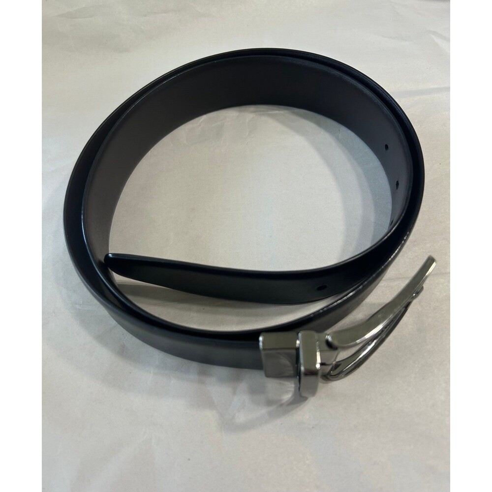 Men's Black Reversable Leather Belt with a Polish Silver Reversible Buckle